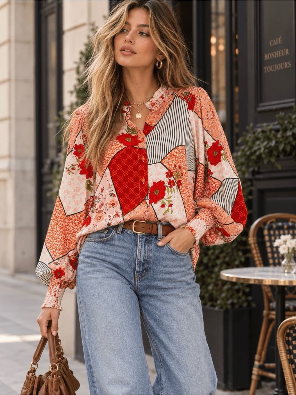 Trendy Patchwork Top with Ruffle Stand Collar & Billowy Ballon Sleeves